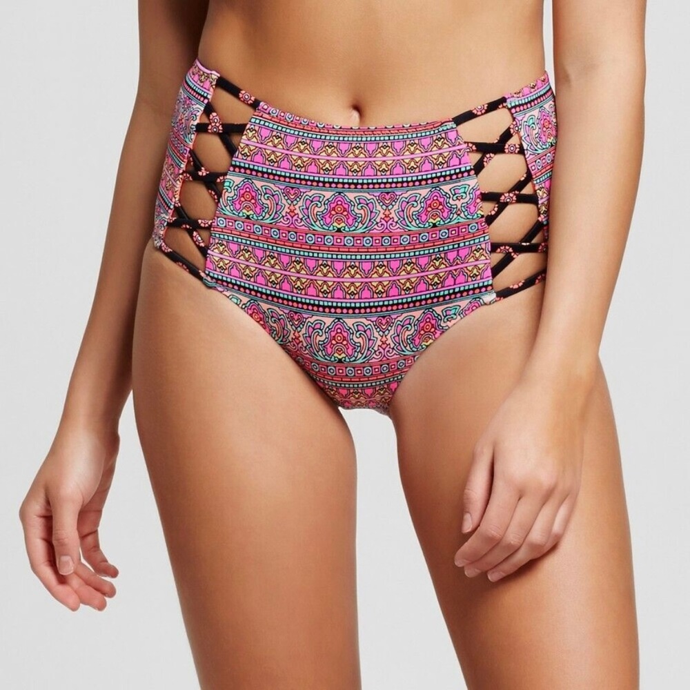 Shade & Shore Multi Color Geometric High Waist Lattice Bikini Bottom Medium